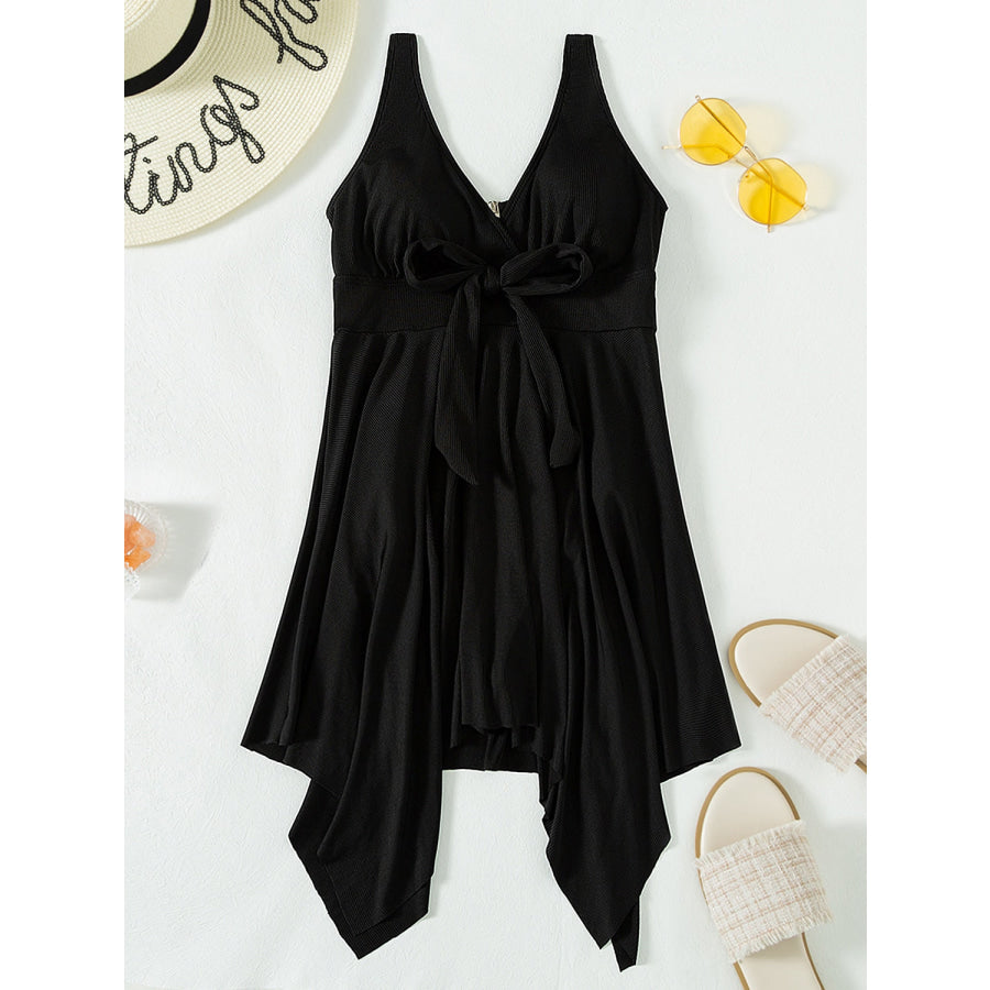 Tied V - Neck Wide Strap One - Piece Swimwear Black / S Apparel and Accessories