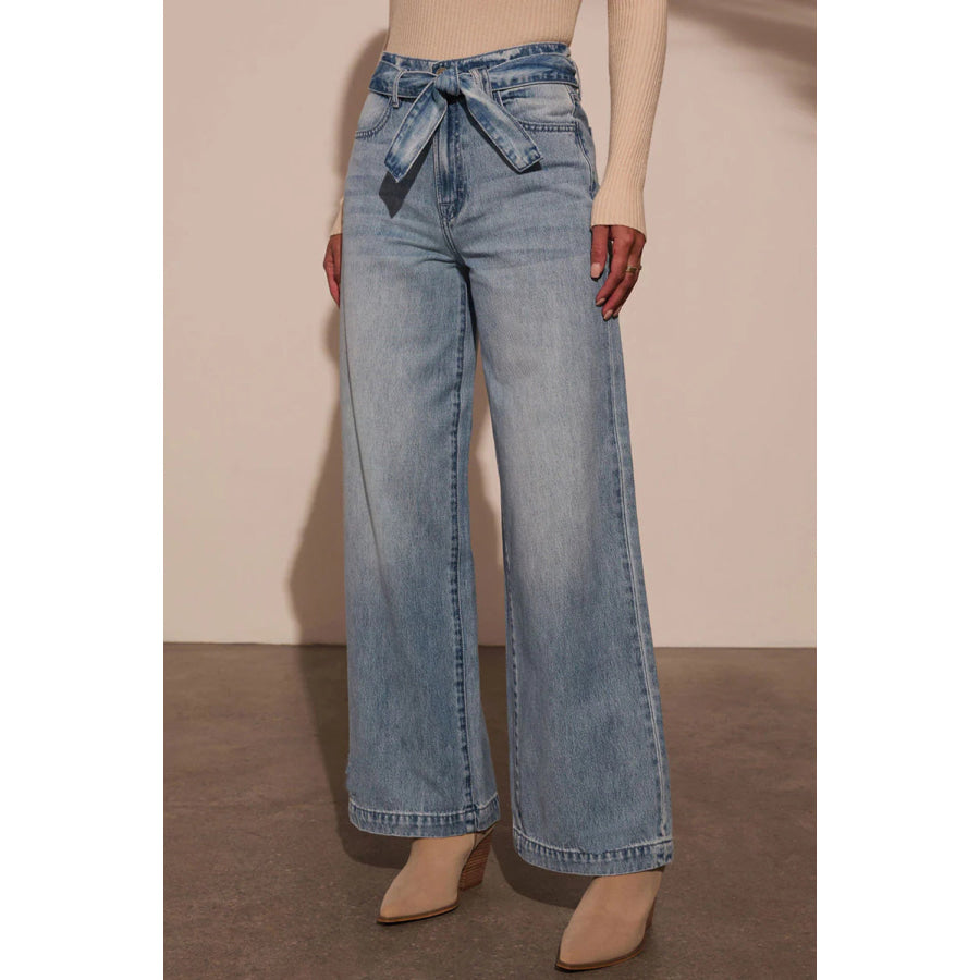 Tied Wide Leg Jeans with Pockets Apparel and Accessories