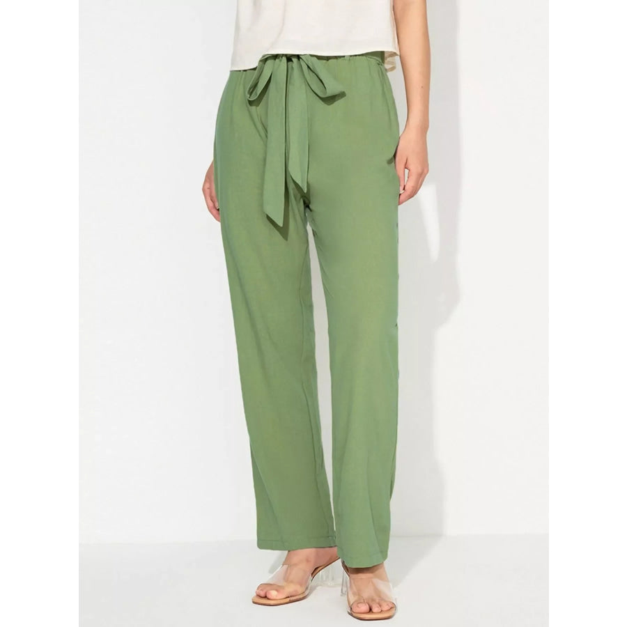 Tied Wide Leg Pants Bean Green / S Apparel and Accessories