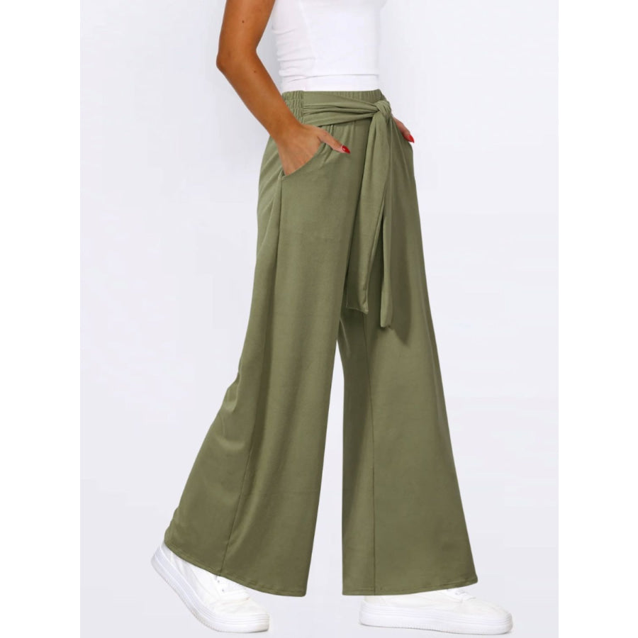 Tied Wide Leg Pants with Pockets Apparel and Accessories