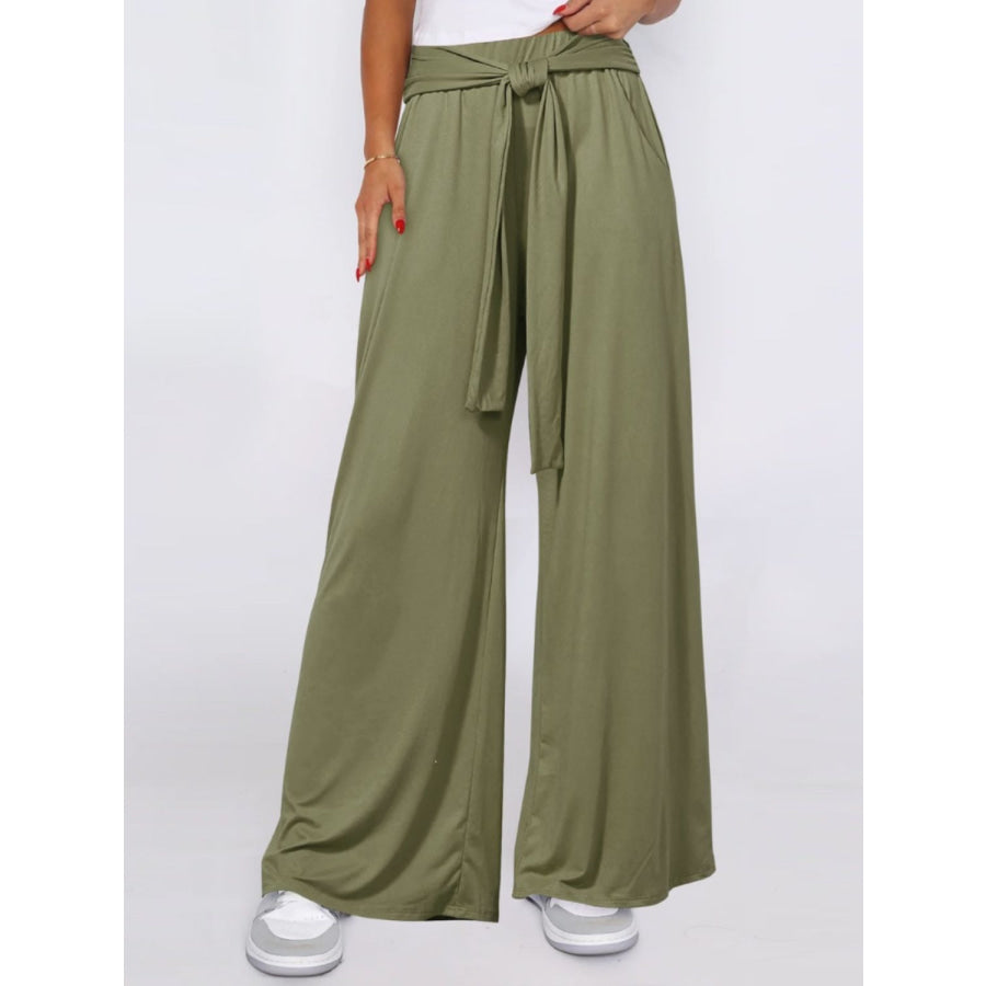 Tied Wide Leg Pants with Pockets Apparel and Accessories