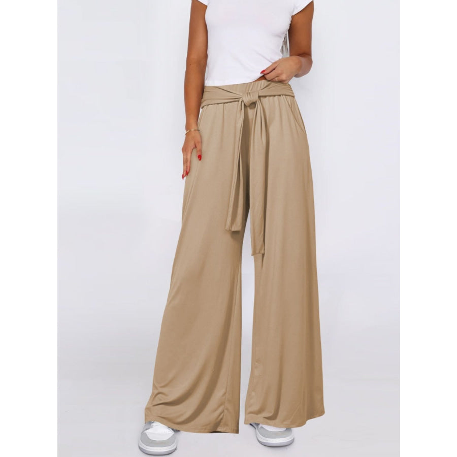 Tied Wide Leg Pants with Pockets Apparel and Accessories