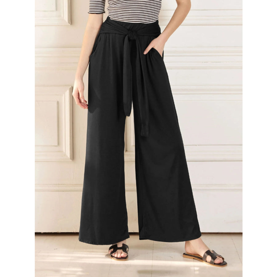 Tied Wide Leg Pants with Pockets Black / S Apparel and Accessories