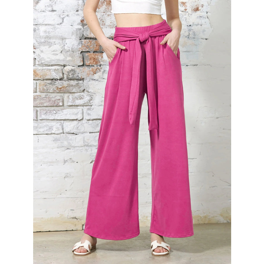 Tied Wide Leg Pants with Pockets Deep Rose / S Apparel and Accessories