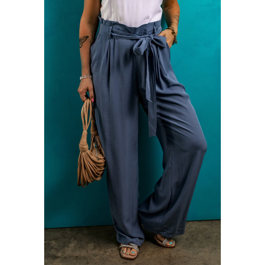 Tied Wide Leg Pants with Pockets Dusty Blue / S Apparel and Accessories