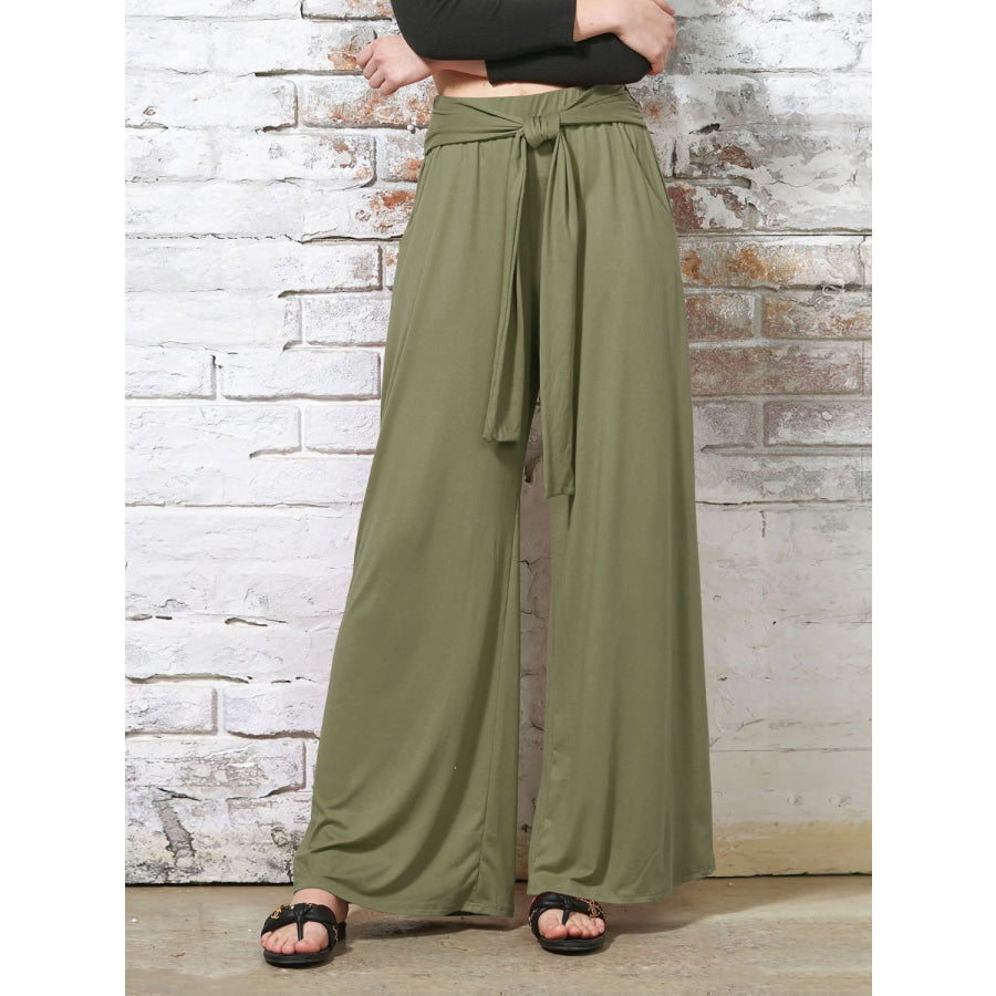 Tied Wide Leg Pants with Pockets Matcha Green / S Apparel and Accessories