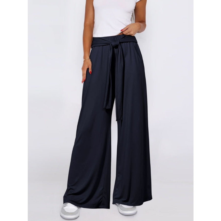 Tied Wide Leg Pants with Pockets Navy / S Apparel and Accessories