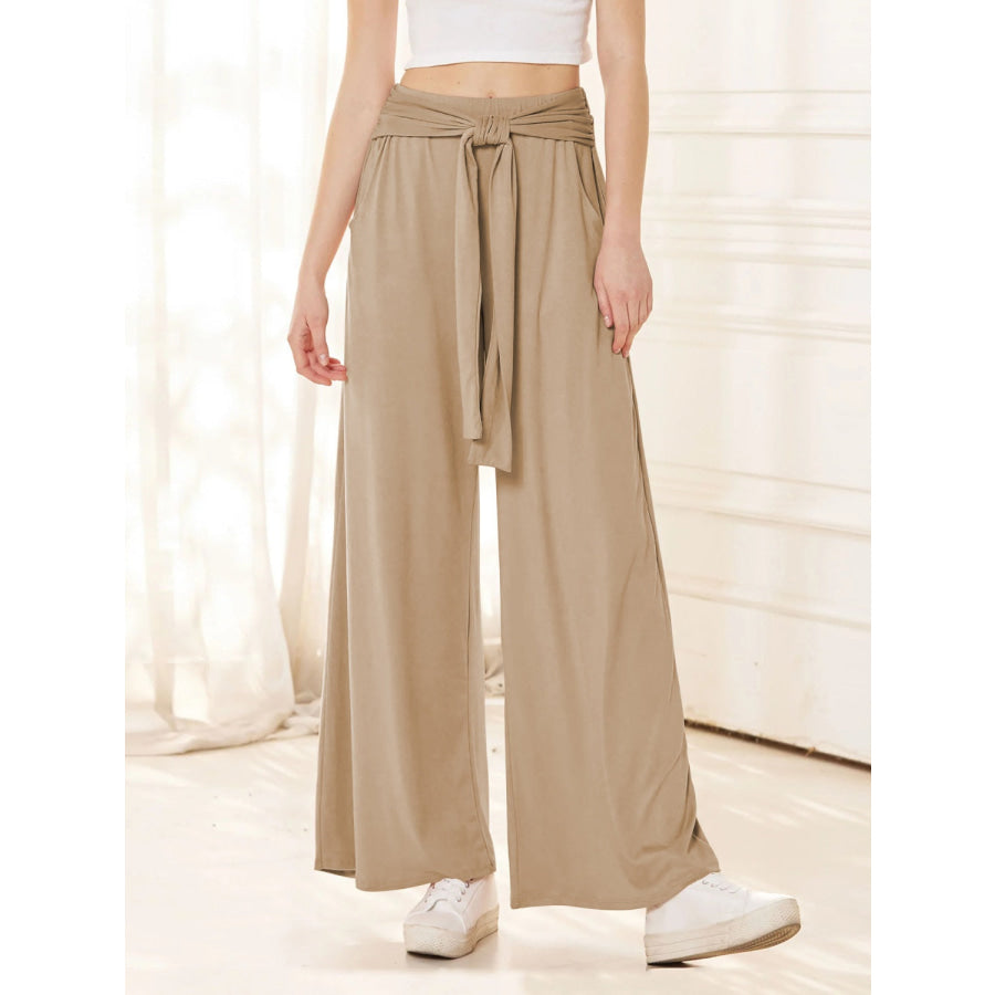 Tied Wide Leg Pants with Pockets Tan / S Apparel and Accessories