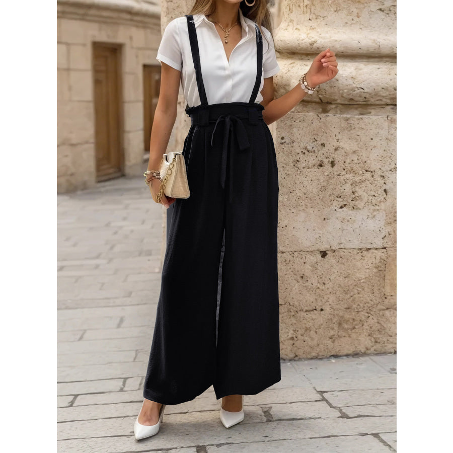 Tied Wide Leg Pants with Shoulder Straps Black / S Apparel and Accessories