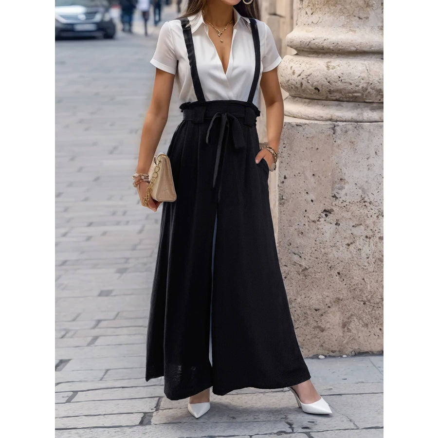 Tied Wide Leg Pants with Shoulder Straps Black / S Apparel and Accessories