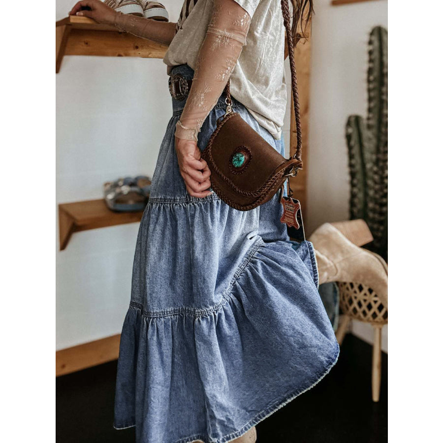 Tiered Button-Fly Denim Skirt Apparel and Accessories