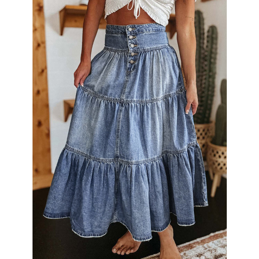 Tiered Button-Fly Denim Skirt Apparel and Accessories