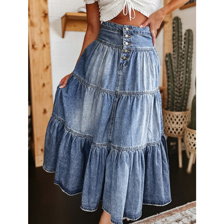 Tiered Button-Fly Denim Skirt Medium / S Apparel and Accessories