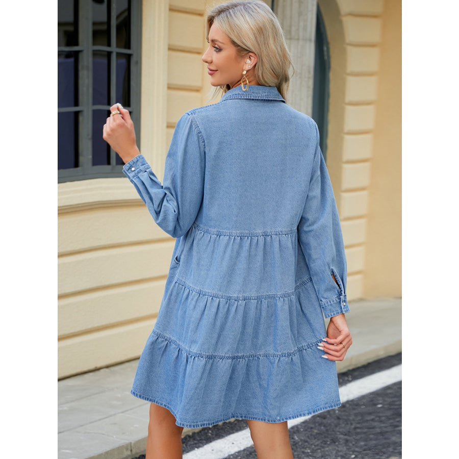 Tiered Button Up Long Sleeve Denim Dress Apparel and Accessories