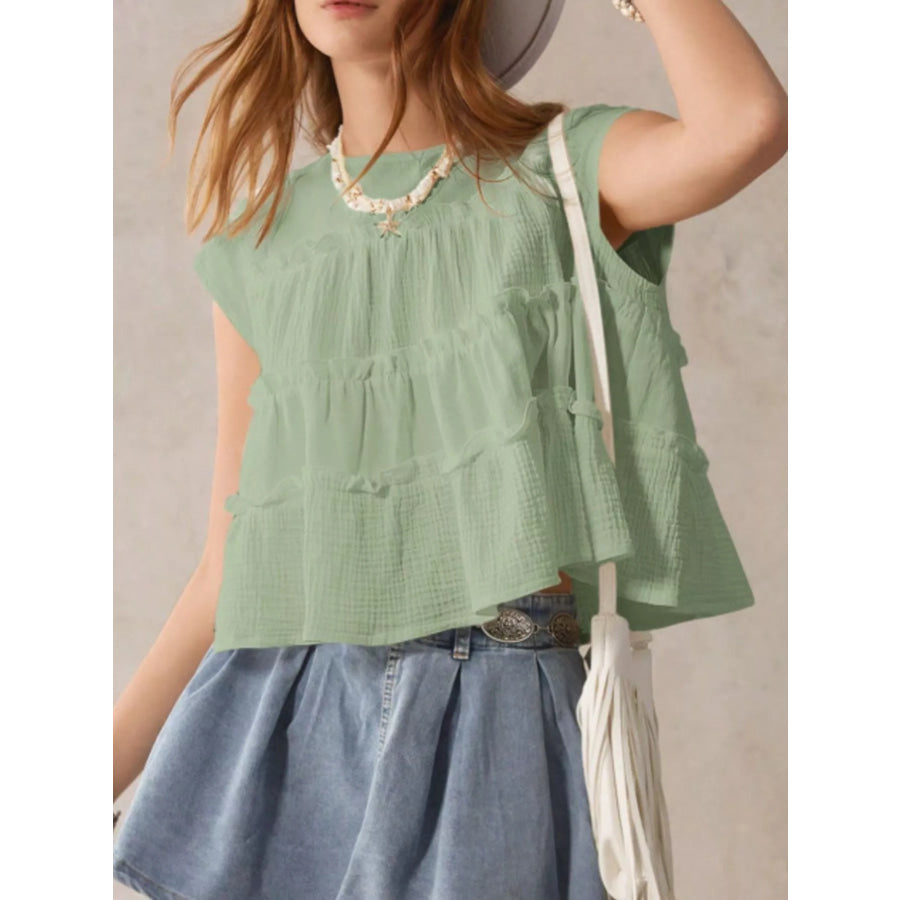 Tiered Cap Sleeve Blouse Green / S Apparel and Accessories