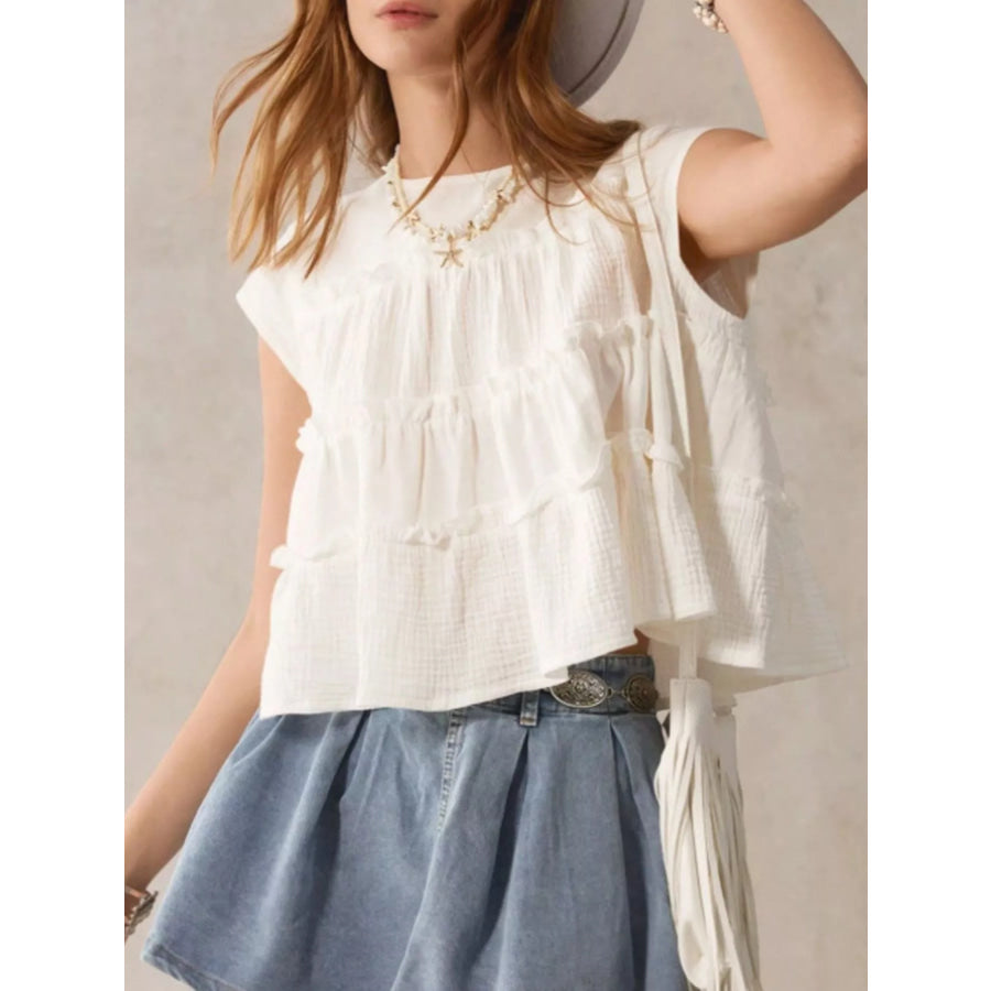 Tiered Cap Sleeve Blouse White / S Apparel and Accessories