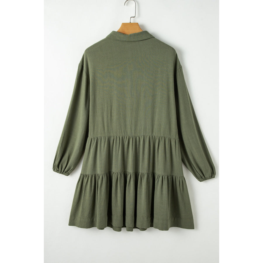 Tiered Collared Neck Balloon Sleeve Shirt Dress Apparel and Accessories