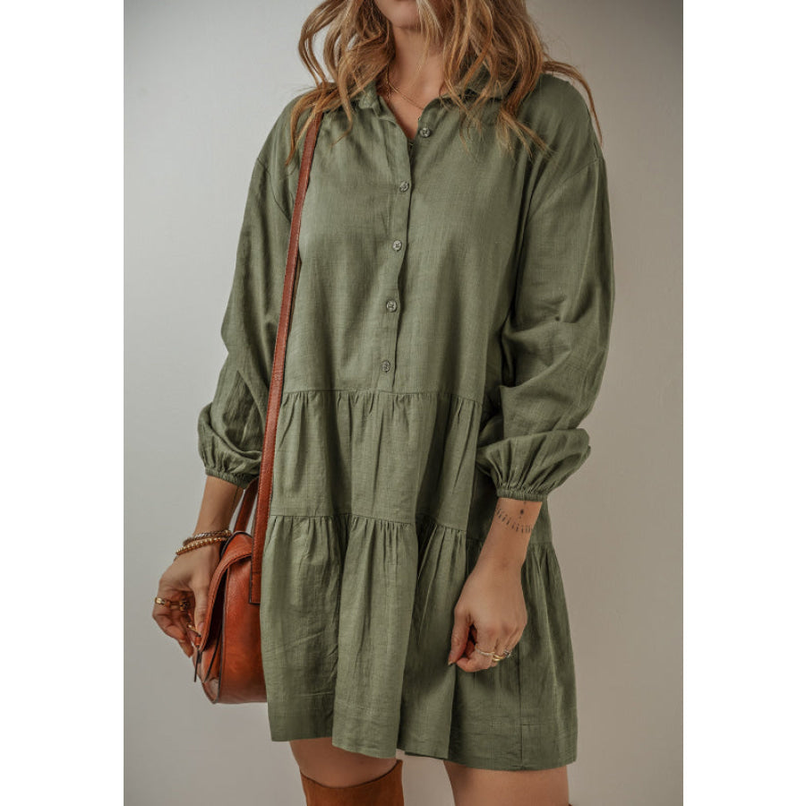 Tiered Collared Neck Balloon Sleeve Shirt Dress Apparel and Accessories