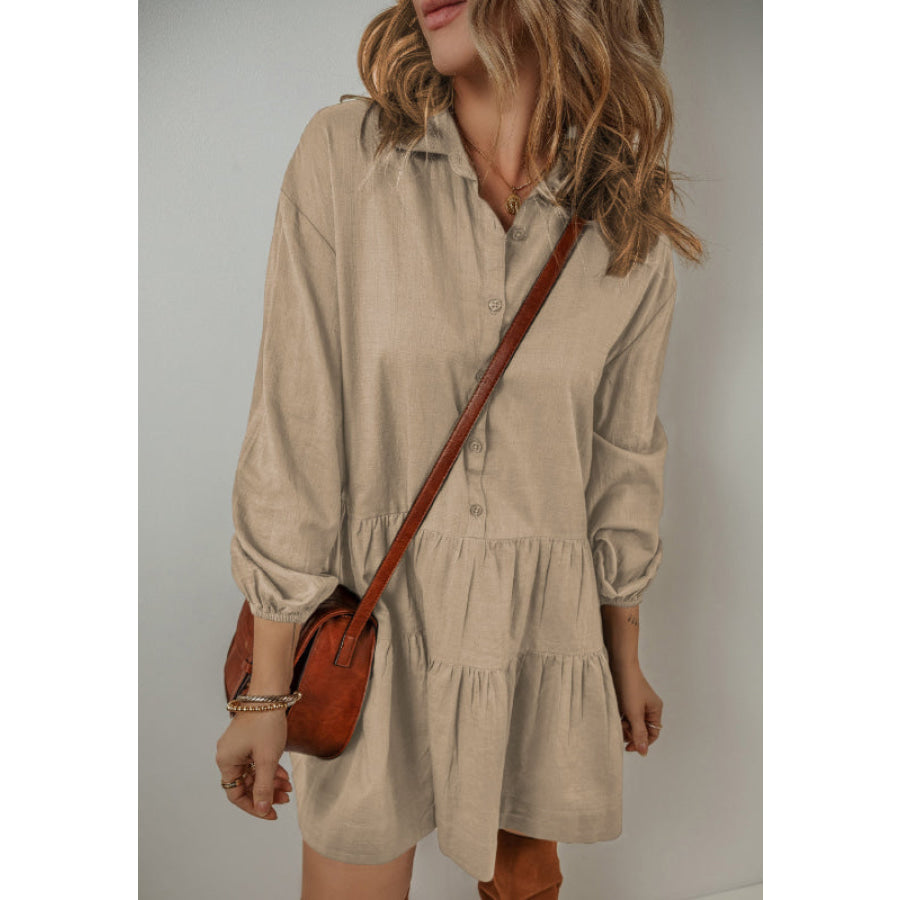 Tiered Collared Neck Balloon Sleeve Shirt Dress Apparel and Accessories