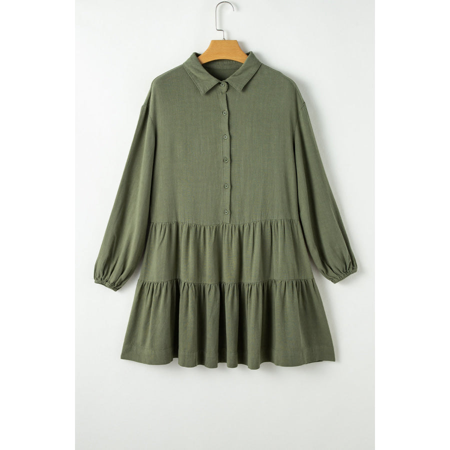 Tiered Collared Neck Balloon Sleeve Shirt Dress Apparel and Accessories