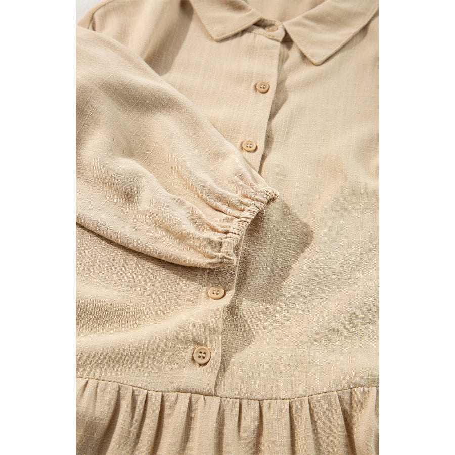Tiered Collared Neck Balloon Sleeve Shirt Dress Apparel and Accessories