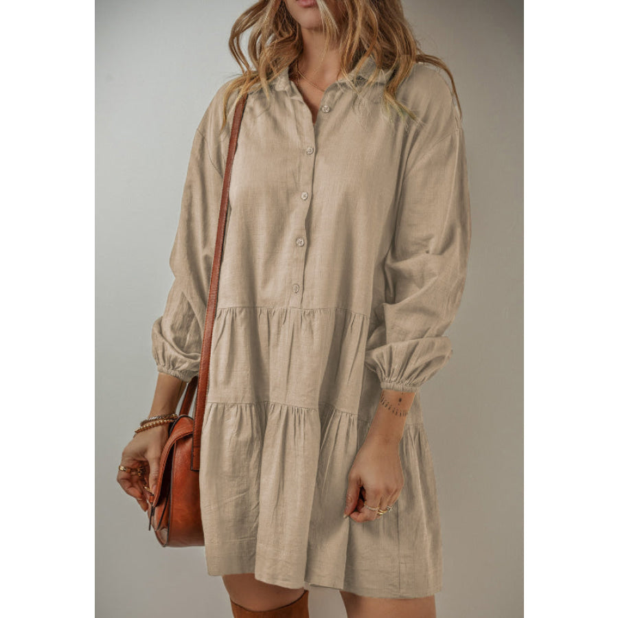 Tiered Collared Neck Balloon Sleeve Shirt Dress Apparel and Accessories