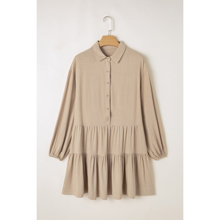Tiered Collared Neck Balloon Sleeve Shirt Dress Apparel and Accessories