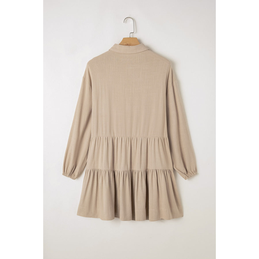 Tiered Collared Neck Balloon Sleeve Shirt Dress Apparel and Accessories