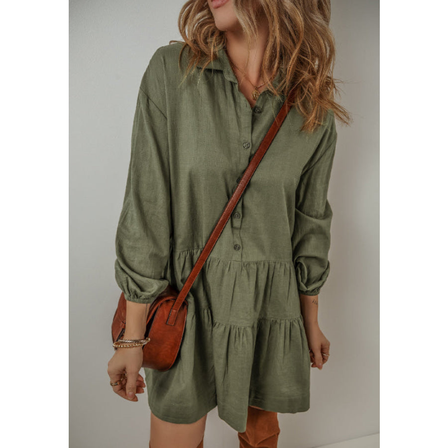 Tiered Collared Neck Balloon Sleeve Shirt Dress Apparel and Accessories