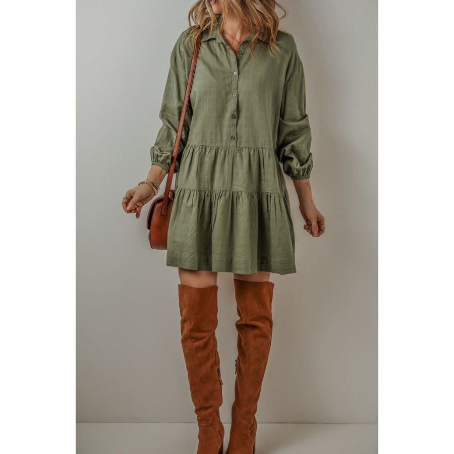 Tiered Collared Neck Balloon Sleeve Shirt Dress Army Green / S Apparel and Accessories