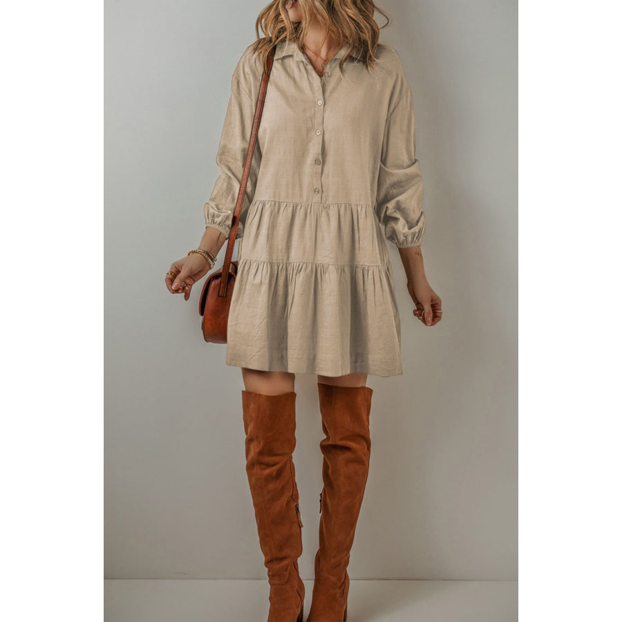 Tiered Collared Neck Balloon Sleeve Shirt Dress Khaki / S Apparel and Accessories