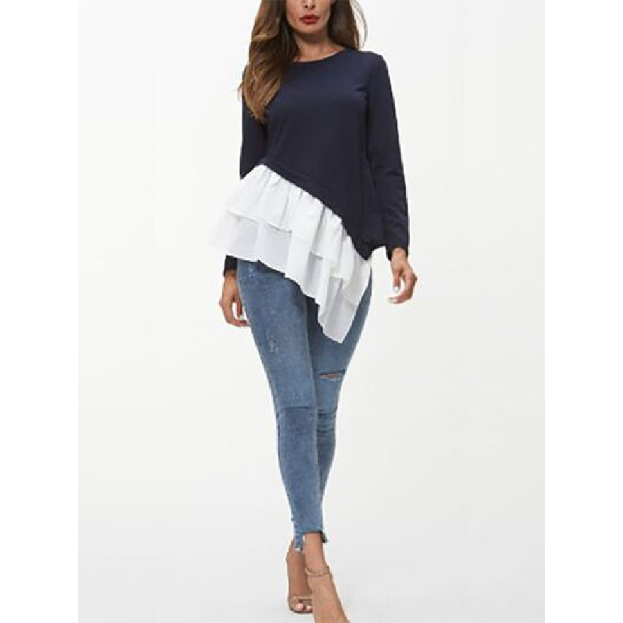 Tiered Contrast Round Neck Long Sleeve T - Shirt Apparel and Accessories