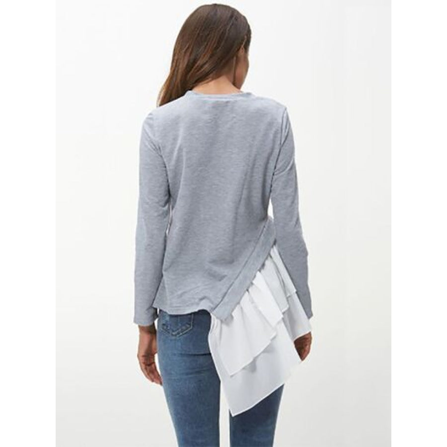 Tiered Contrast Round Neck Long Sleeve T - Shirt Apparel and Accessories