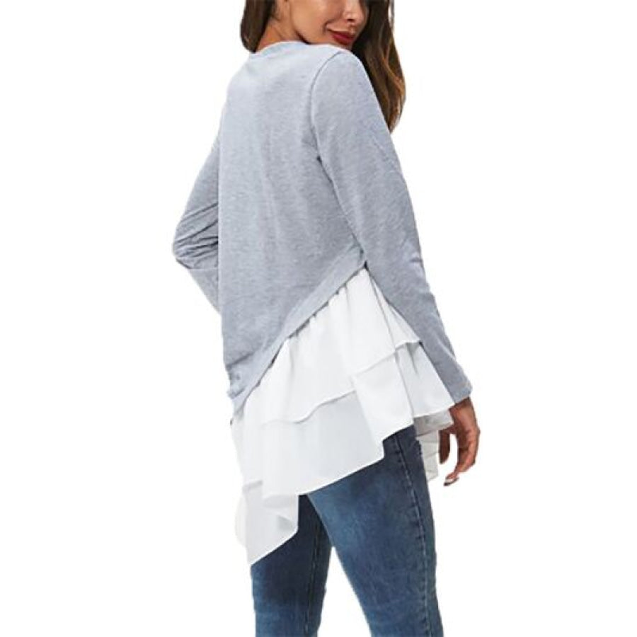 Tiered Contrast Round Neck Long Sleeve T - Shirt Apparel and Accessories