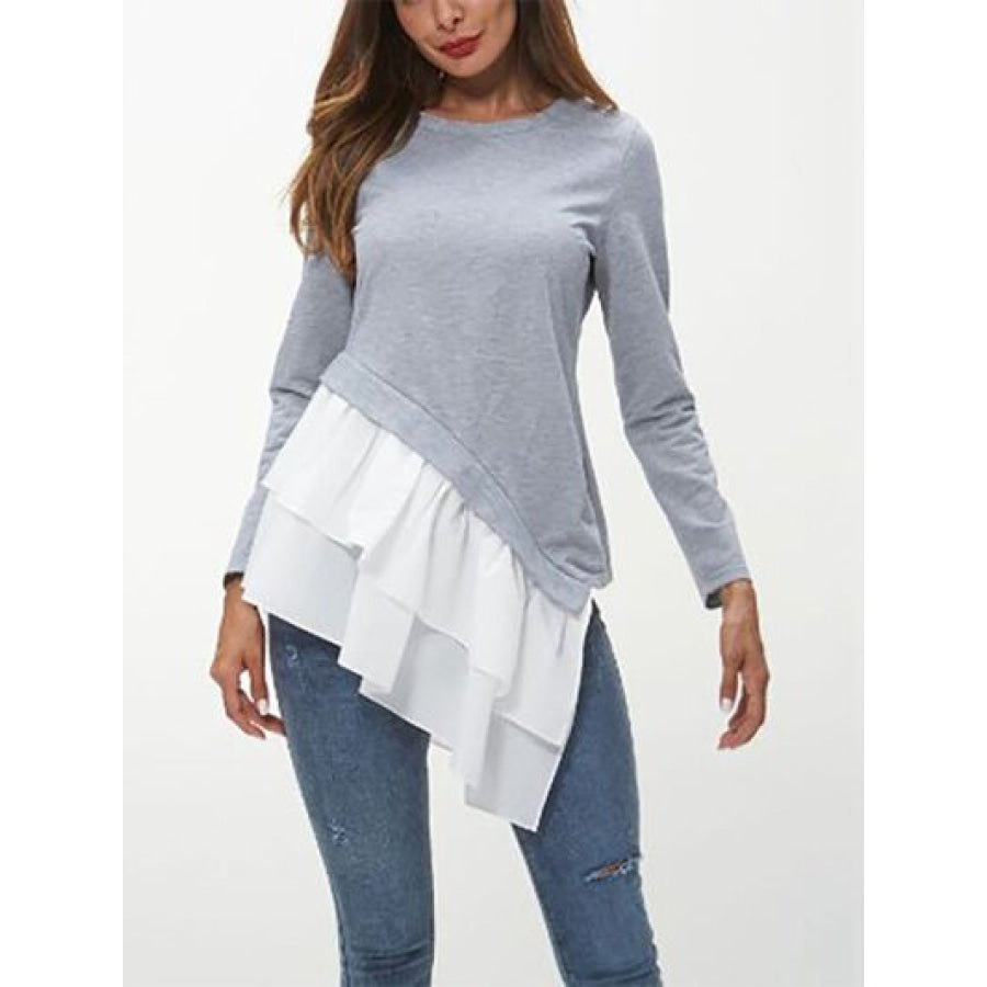 Tiered Contrast Round Neck Long Sleeve T - Shirt Heather Gray / S Apparel and Accessories