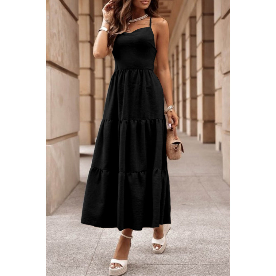 Tiered Crisscross Spaghetti Strap Dress Black / L Apparel and Accessories