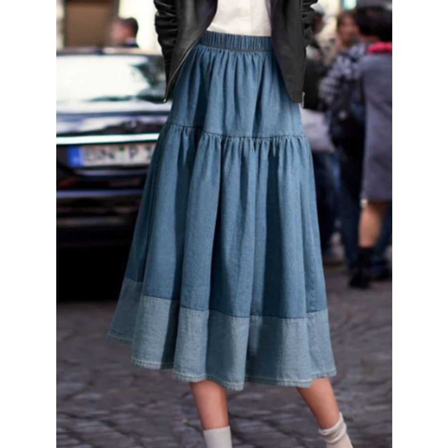 Tiered Denim Midi Skirt Apparel and Accessories