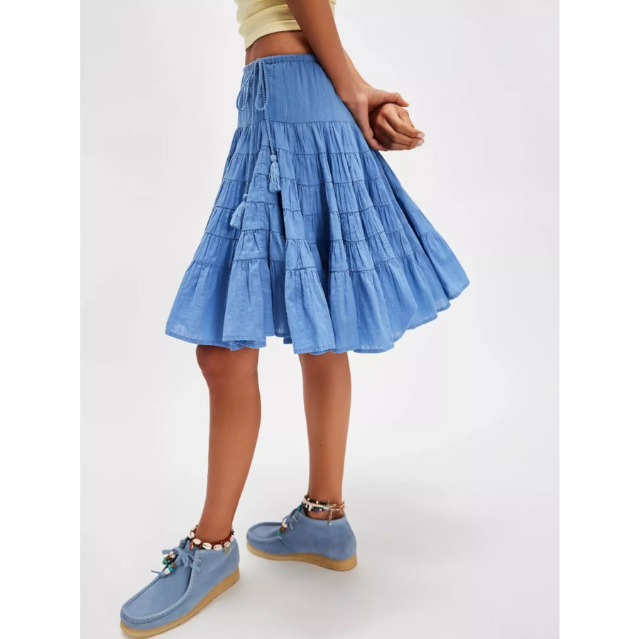 Tiered Drawstring Mini Skirt Sky Blue / S Apparel and Accessories