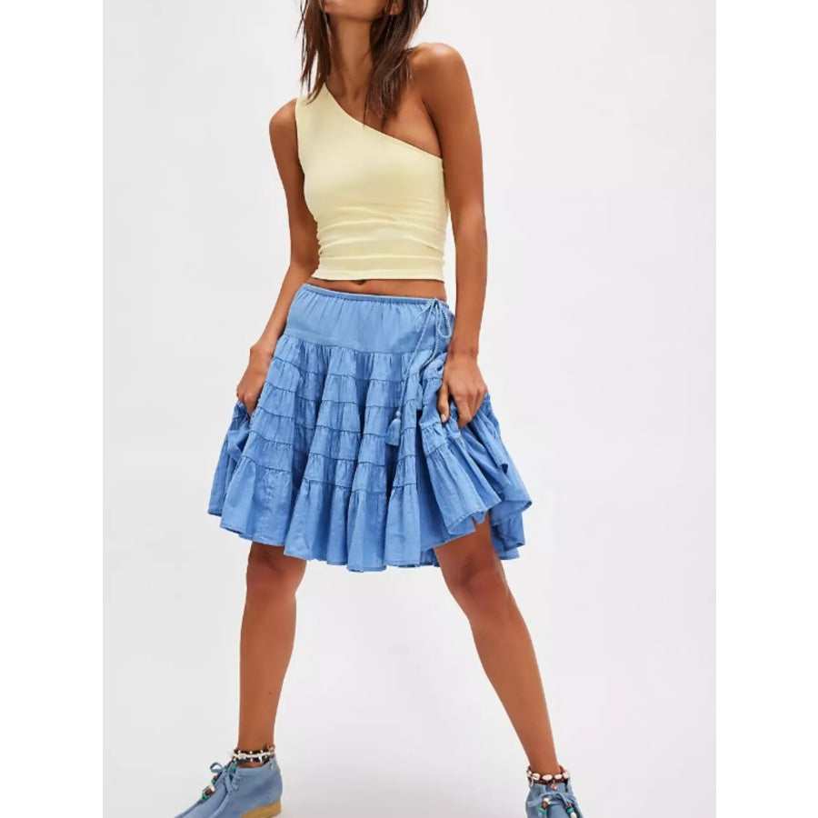 Tiered Drawstring Mini Skirt Sky Blue / S Apparel and Accessories