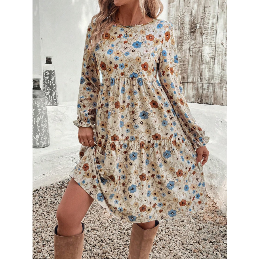 Tiered Floral Round Neck Long Sleeve Dress Tan / S Apparel and Accessories