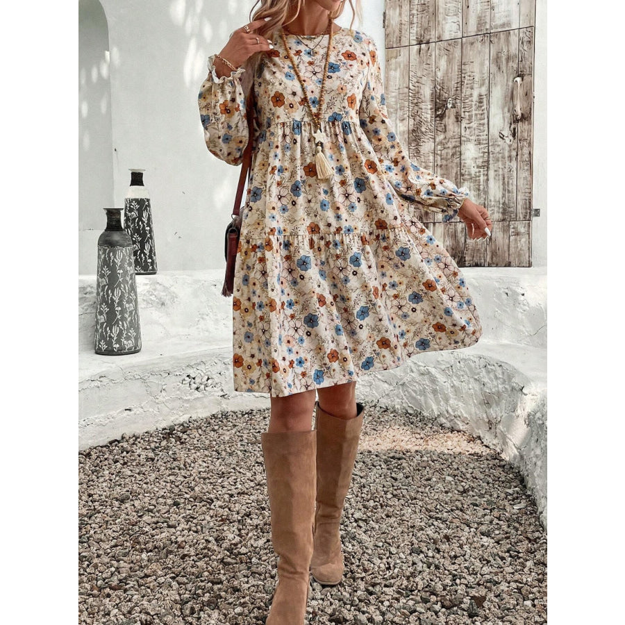 Tiered Floral Round Neck Long Sleeve Dress Apparel and Accessories