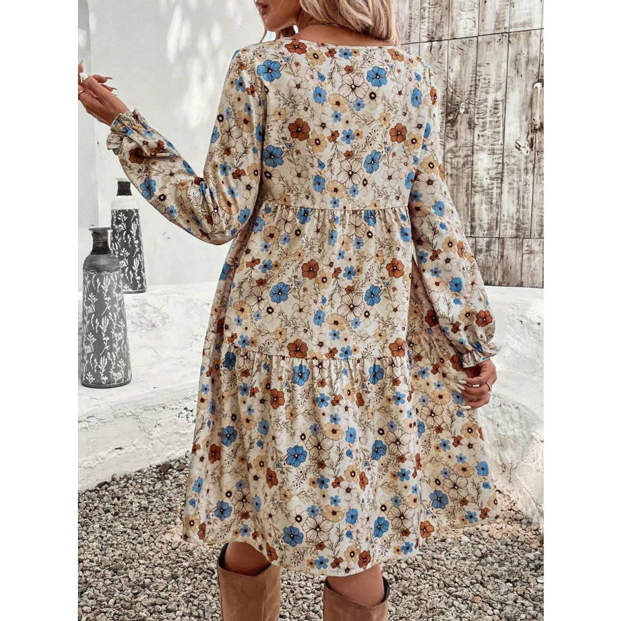 Tiered Floral Round Neck Long Sleeve Dress Apparel and Accessories