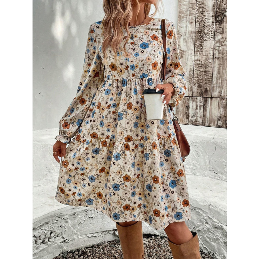 Tiered Floral Round Neck Long Sleeve Dress Tan / S Apparel and Accessories
