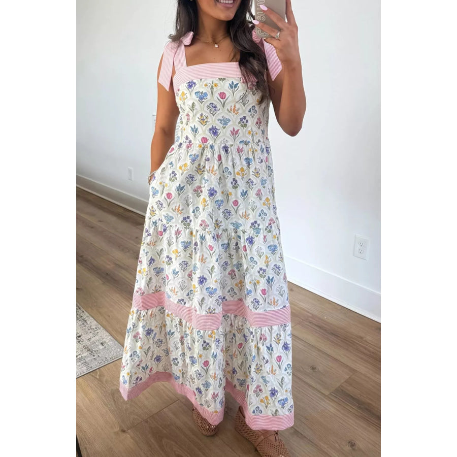 Tiered Floral Tie Shoulder Midi Dress Apparel and Accessories