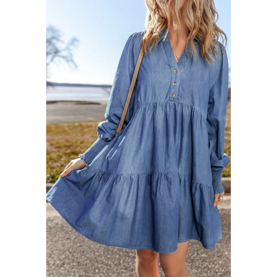 Tiered Johnny Collar Long Sleeve Denim Dress Apparel and Accessories