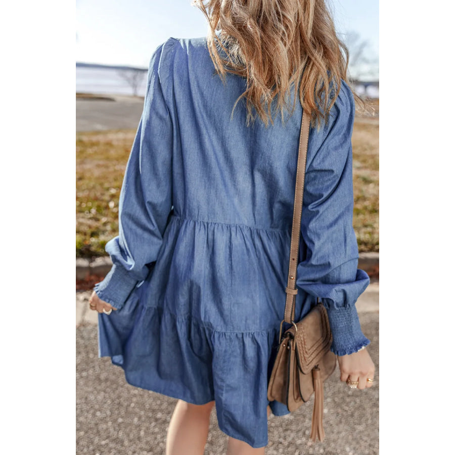 Tiered Johnny Collar Long Sleeve Denim Dress Apparel and Accessories