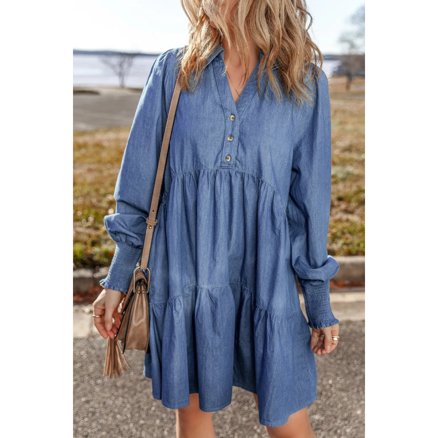 Tiered Johnny Collar Long Sleeve Denim Dress Apparel and Accessories