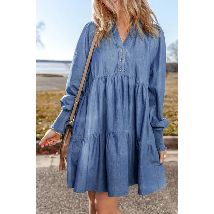 Tiered Johnny Collar Long Sleeve Denim Dress Medium / S Apparel and Accessories