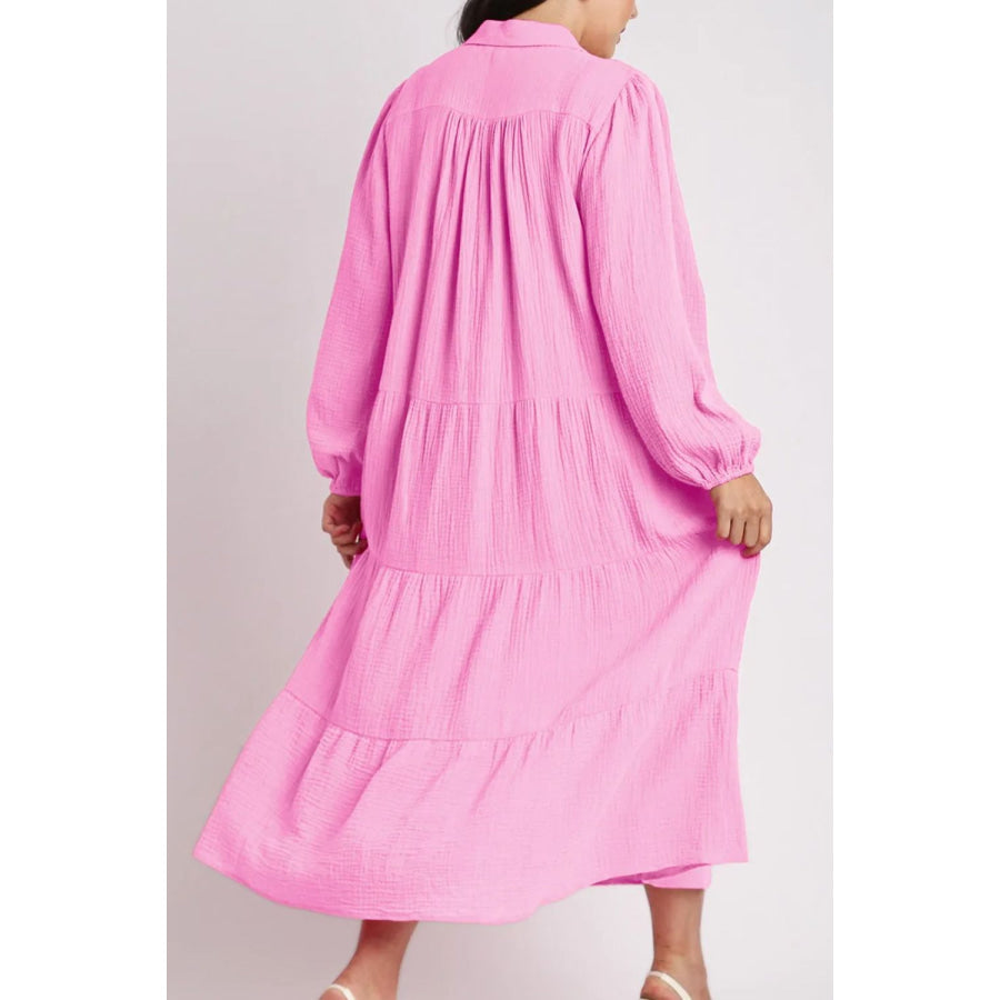 Tiered Johnny Collar Long Sleeve Dress Pink / S Apparel and Accessories