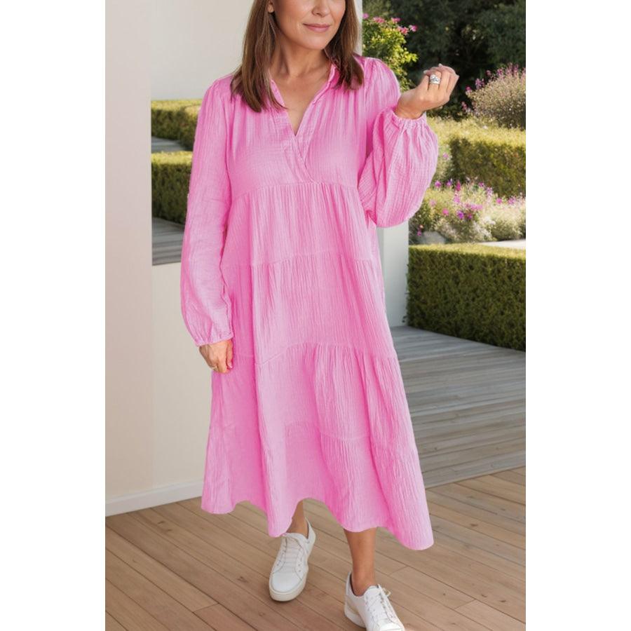 Tiered Johnny Collar Long Sleeve Dress Pink / S Apparel and Accessories